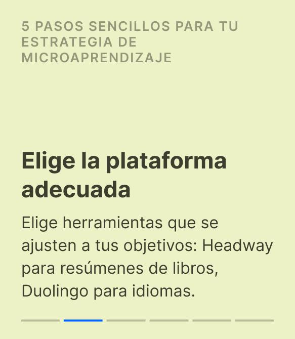 Tarjeta amarillo-verde que recomienda plataformas de microaprendizaje como Headway para resúmenes de libros y Duolingo para idiomas que se ajusten a los objetivos de aprendizaje personales
