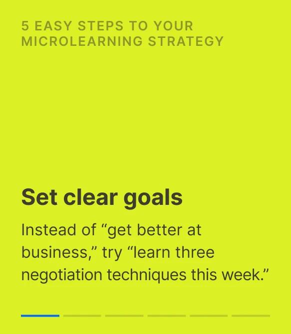 Yellow-green microlearning strategy card with bold text advising learners to set specific weekly goals instead of vague ones like _get better at business_