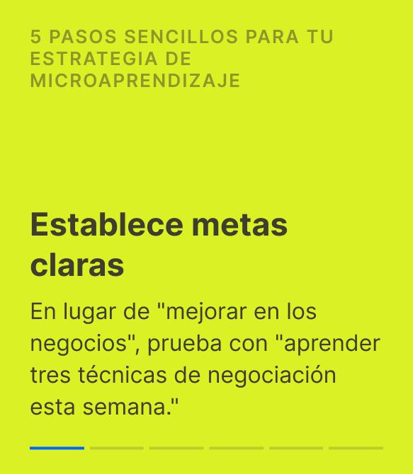 Tarjeta de estrategia de microaprendizaje de color amarillo verdoso con texto en negrita que aconseja a los alumnos que establezcan objetivos semanales específicos en lugar de objetivos vagos como me
