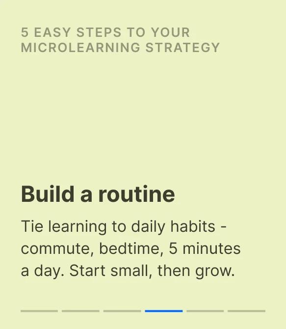 Yellow-green microlearning strategy card encouraging learners to tie 5-minute daily sessions to habits like commuting or bedtime