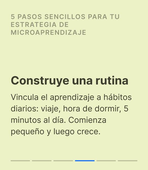 Tarjeta de estrategia de microaprendizaje de color amarillo verdoso que anima a los alumnos a vincular sesiones diarias de 5 minutos con hábitos como el trayecto al trabajo o la hora de acostarse