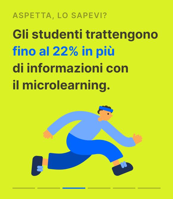 Illustrazione di uno studente che corre con abiti blu su sfondo verde lime, con statistica sul microlearning che miglior