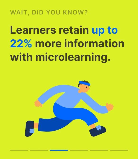 Yellow-green card with a blue illustrated running figure stating that learners retain up to 22% more information with microlearning