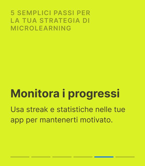 Slide su sfondo verde lime che invita a monitorare i progressi con streak e statistiche, uno dei 5 passi