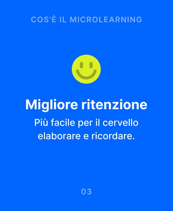 Grafica sul microlearning con faccina sorridente gialla su sfondo blu che illustra la migliore ritenzione