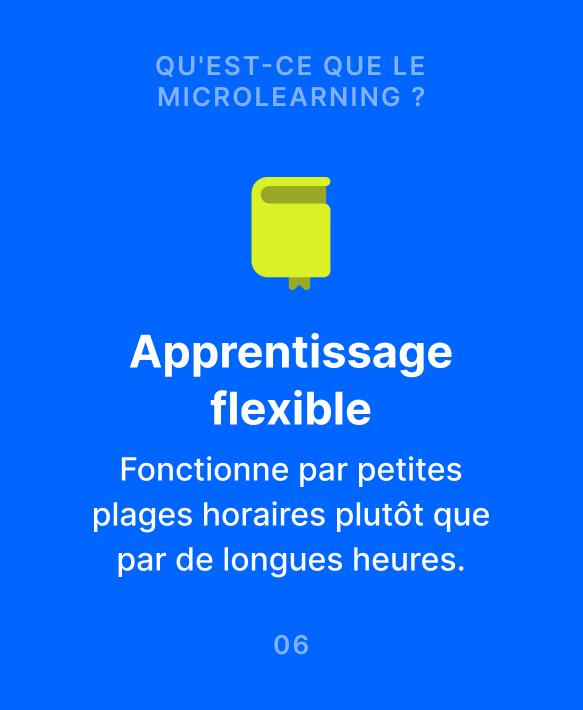 Illustration bleue avec un livre jaune présentant l'apprentissage flexible du microapprentissage par petites plages hora