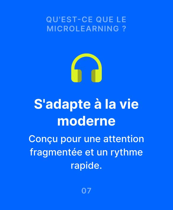 Illustration sur le microapprentissage avec un casque audio jaune sur fond bleu, expliquant que cette méthode s'adapte à