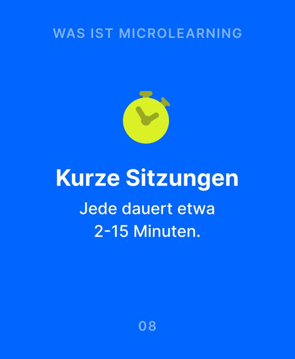 Blaue Infografik zu Was ist Mikrolernen mit gelbem Stoppuhr-Symbol und Hinweis auf kurze Sitzungen von 2 bis 15 Minuten