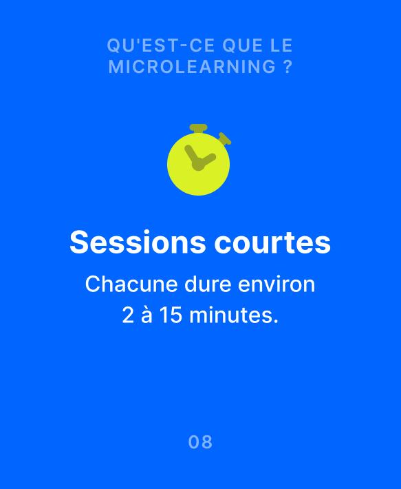 Illustration d'un chronomètre jaune sur fond bleu expliquant les sessions courtes du microapprentissage, chacune durant
