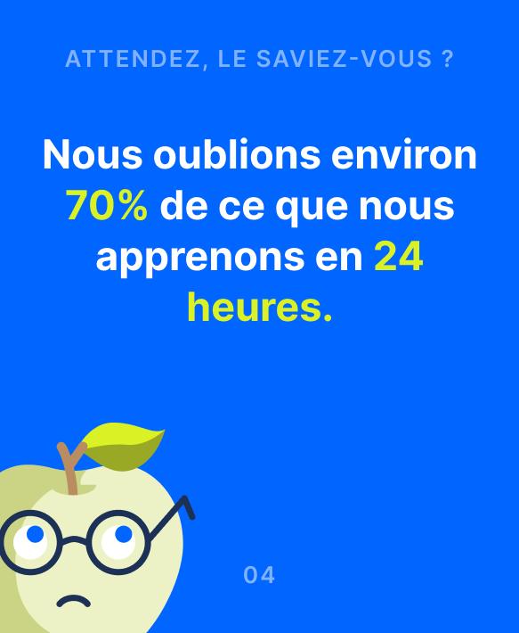 Illustration sur le microapprentissage montrant une pomme à lunettes sur fond bleu rappelant que nous oublions environ 7
