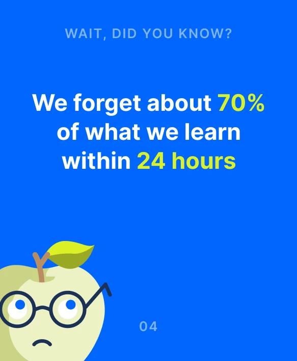 Blue microlearning card with an illustrated owl character in glasses stating that people forget 70% of what they learn within 24 hours