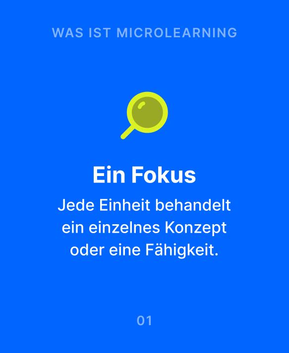 Blaue Infografik zum Thema Was ist Mikrolernen mit grüner Lupe und dem Hinweis, dass jede Einheit einen einzelnen Fokus