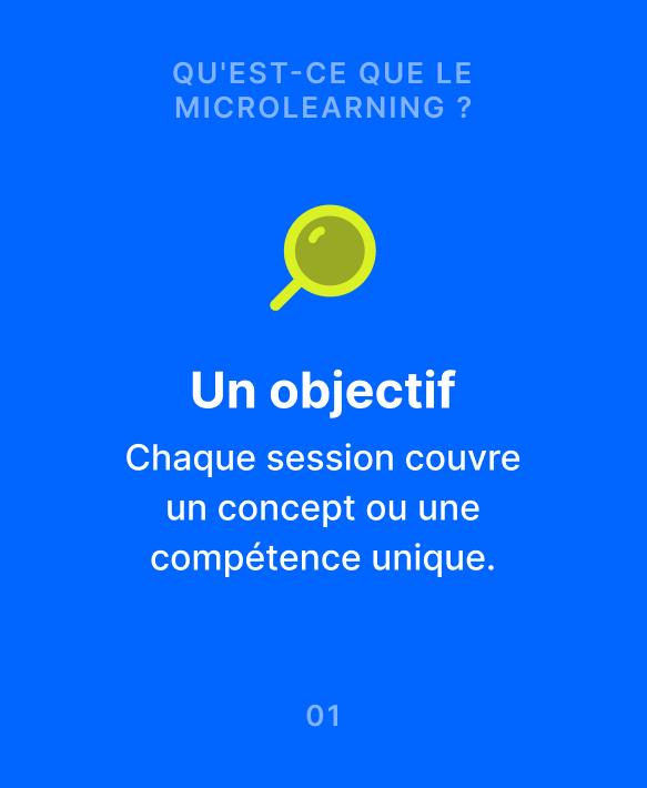 Illustration de microapprentissage sur fond bleu avec une loupe jaune-vert présentant le principe d'un objectif unique p