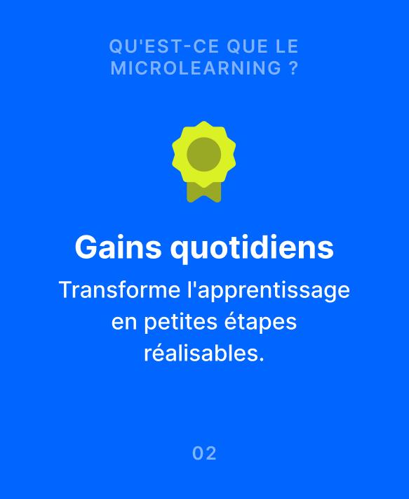 Illustration d'une médaille verte sur fond bleu pour le microapprentissage app, présentant les gains quotidiens qui tran