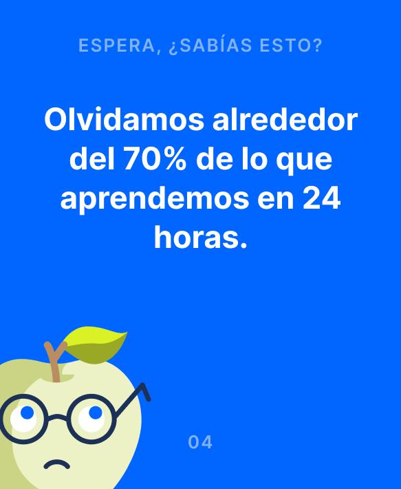 Tarjeta azul de microaprendizaje con un personaje de búho ilustrado con gafas que indica que las personas olvidan el 70% de lo que aprenden en 24 horas