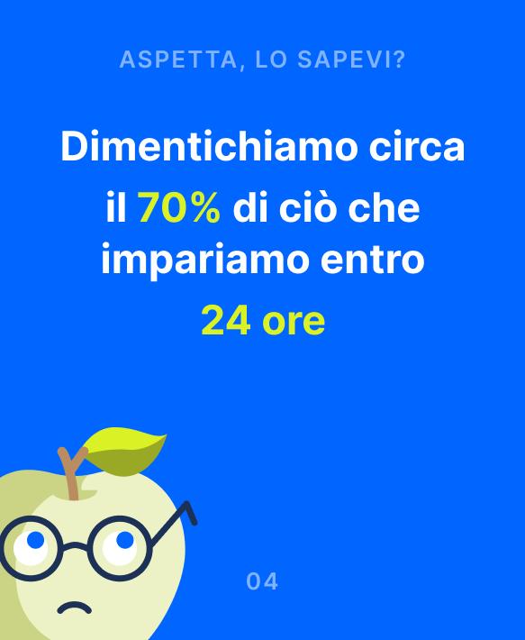 Grafica blu di una microlearning app con una mela illustrata con occhiali e un fatto sull'oblio, ovvero che dimentichiam