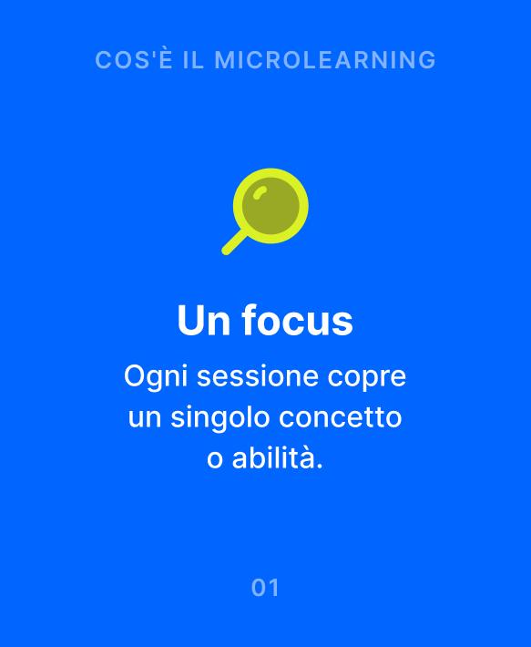 Slide su cos'è il microlearning con lente di ingrandimento verde su sfondo blu che spiega come ogni sessione dell'app