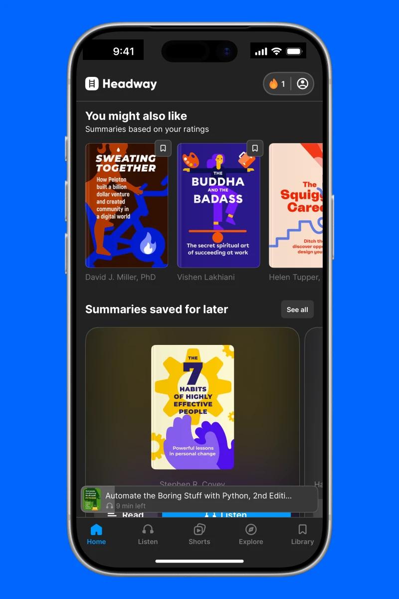 Headway app home page with personal book recommendations