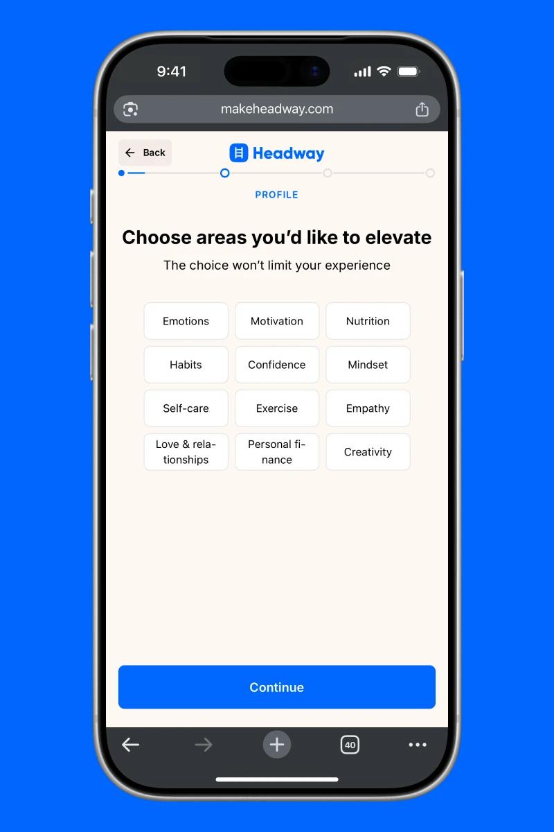 Headway app onboarding screen with desired areas of development