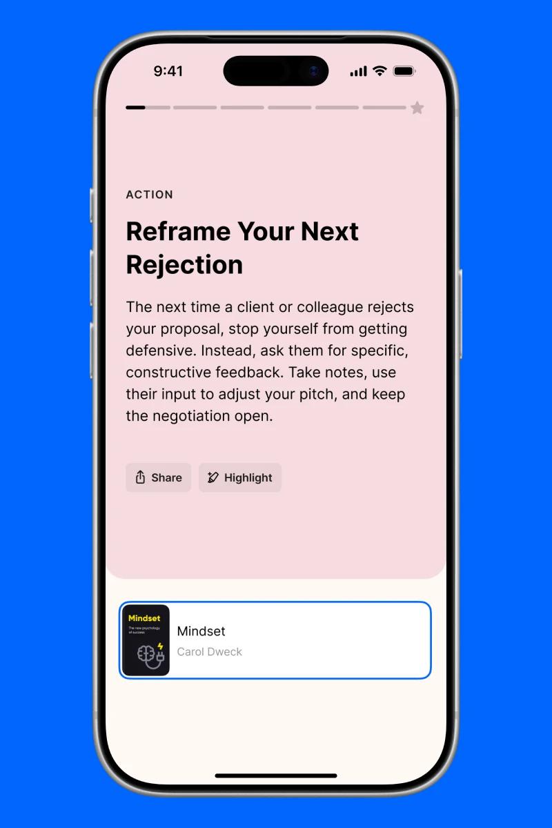 Headway self-growth app smartphone screen showing an action flashcard from Mindset by Carol Dweck on a pink background