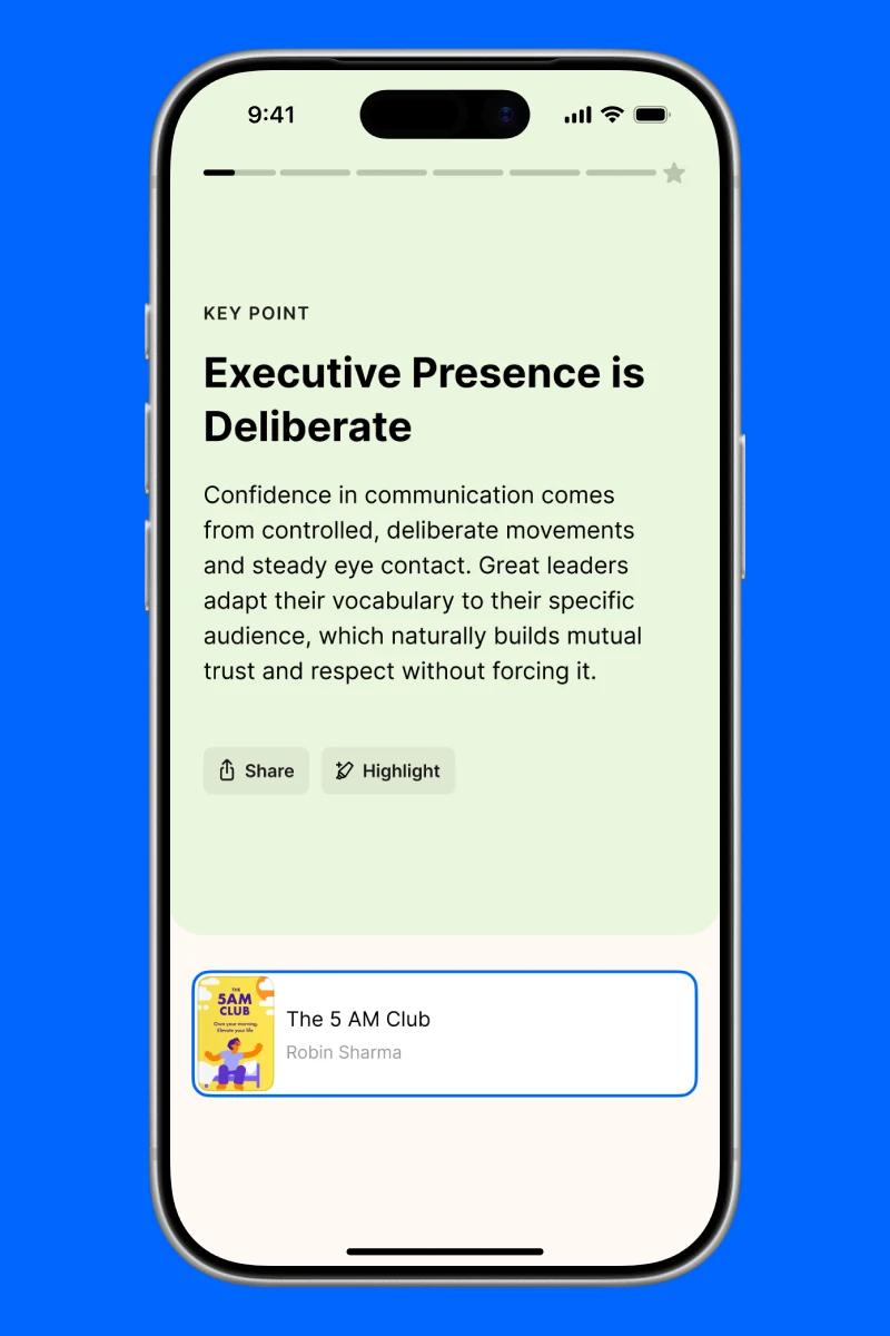 Headway self-growth app smartphone screen showing a key point flashcard from The 5 AM Club by Robin Sharma on a light green background