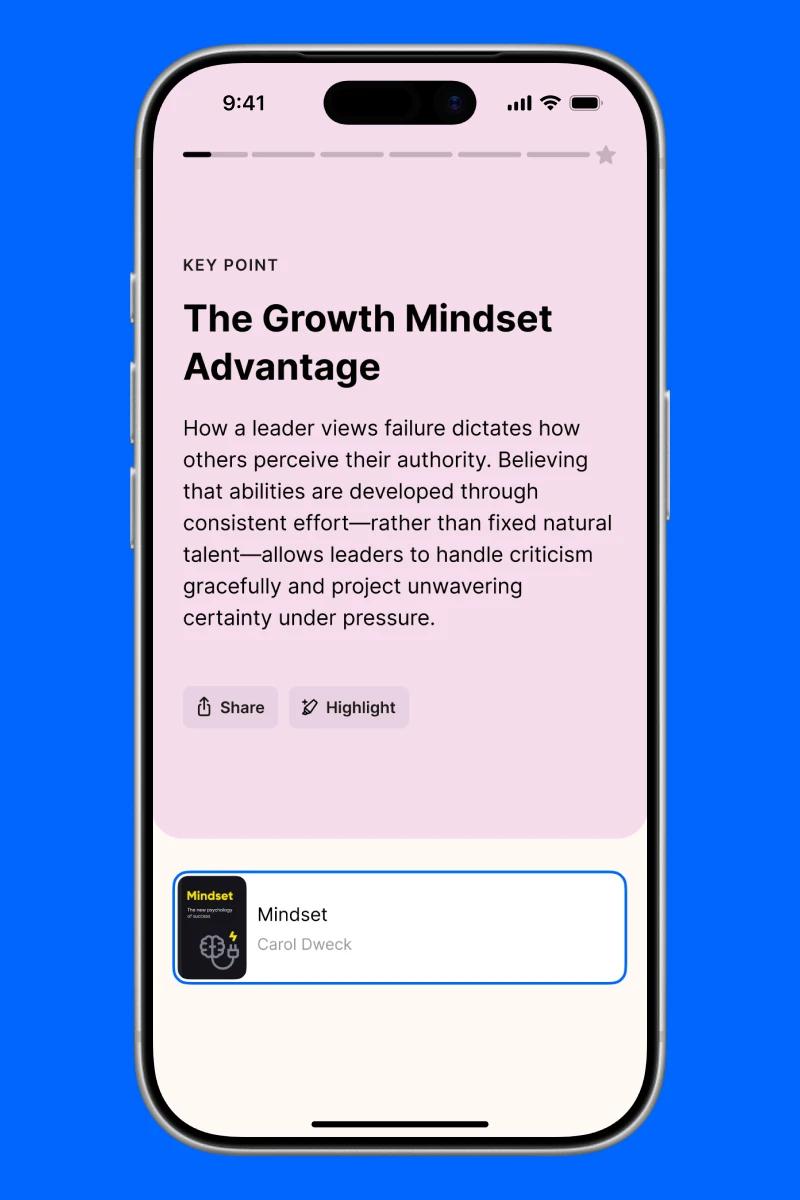 Headway self-growth app smartphone screen showing a key point flashcard from Mindset by Carol Dweck on a white background