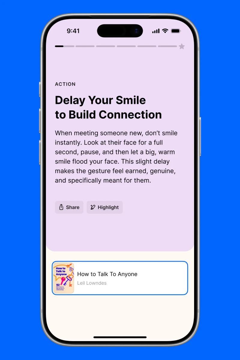 Headway self-growth app smartphone screen showing an action flashcard from How to Talk to Anyone by Leil Lowndes on a pink background