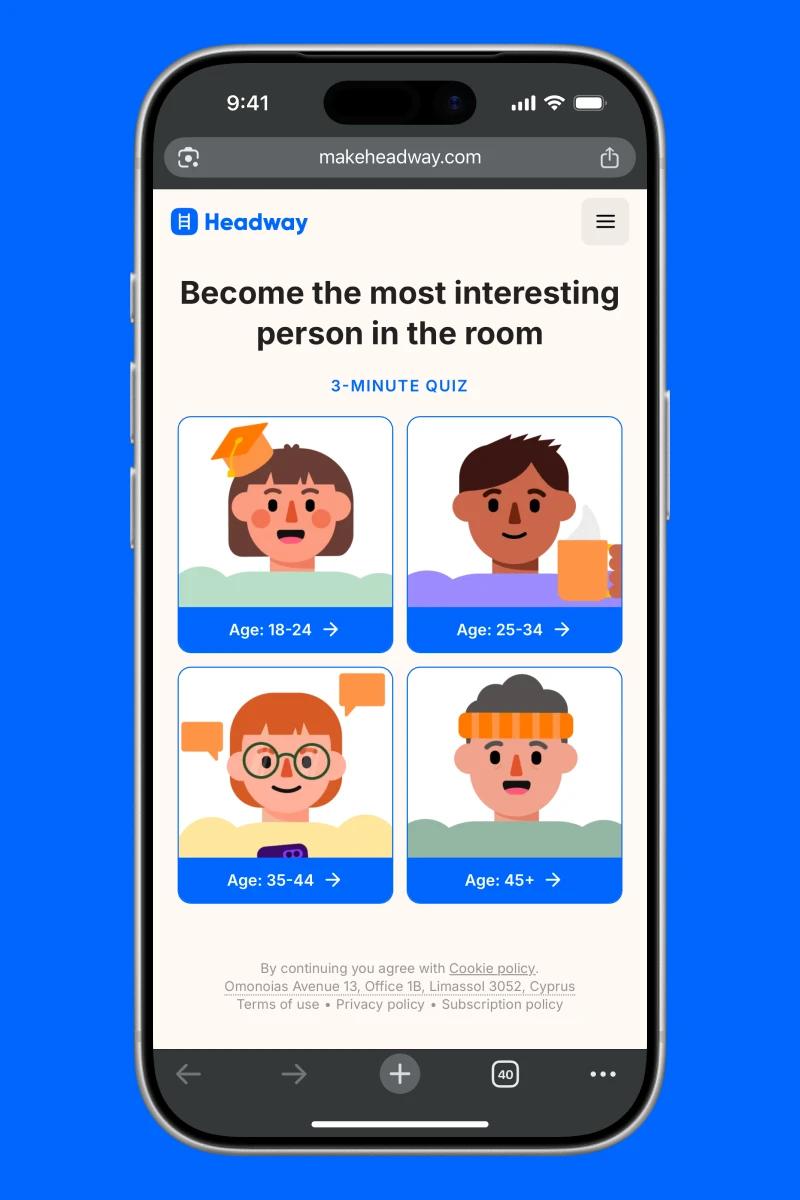 Headway app onboarding screen with age difference