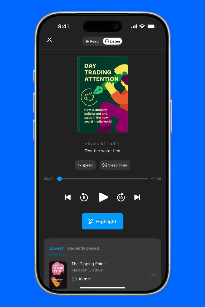 Headway app screen with day trading attention book summary