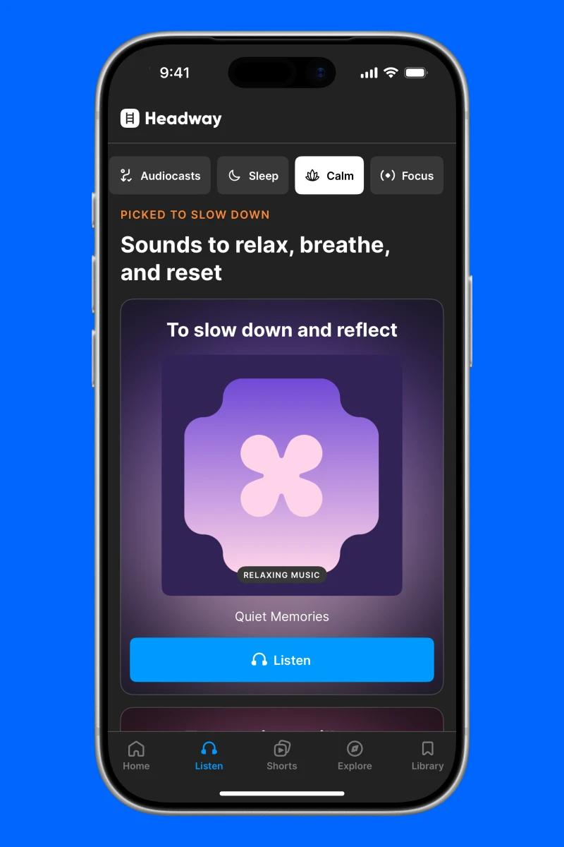 Headway app listen tab with calming sounds