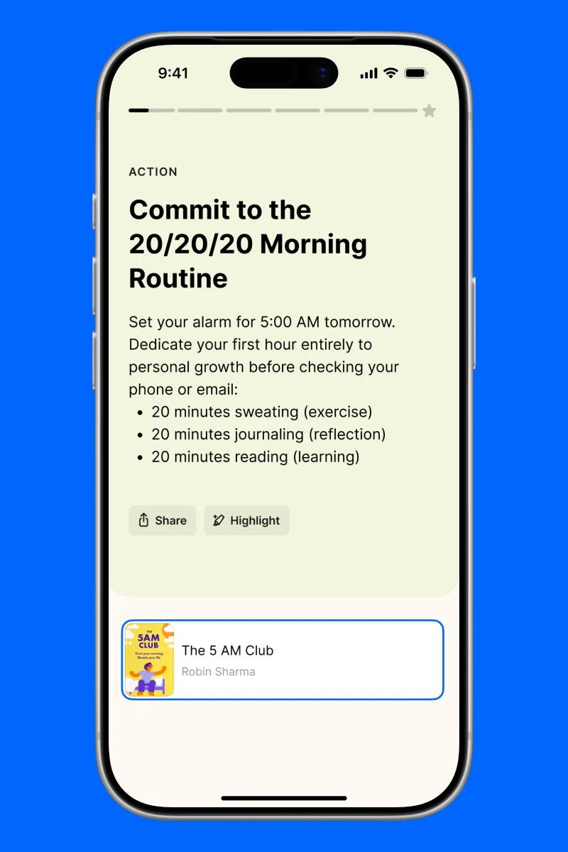 Headway self-growth app smartphone screen showing an action flashcard from The 5 AM Club by Robin Sharma on a light green background