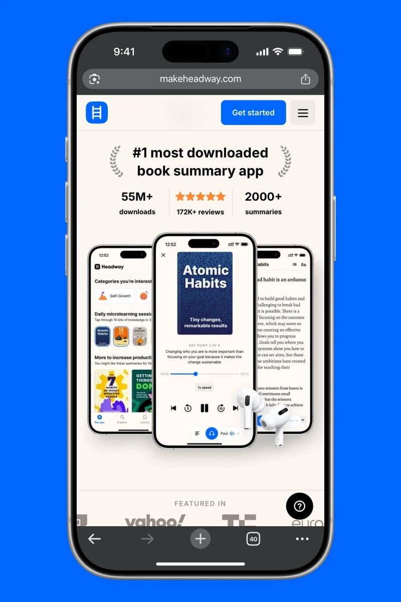 Headway app website home page with phone mockups and atomic habits book summary