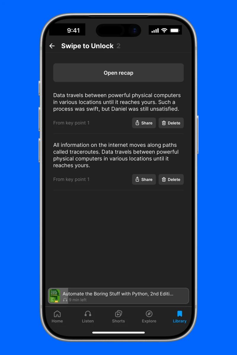Headway app recap of the book summary feature