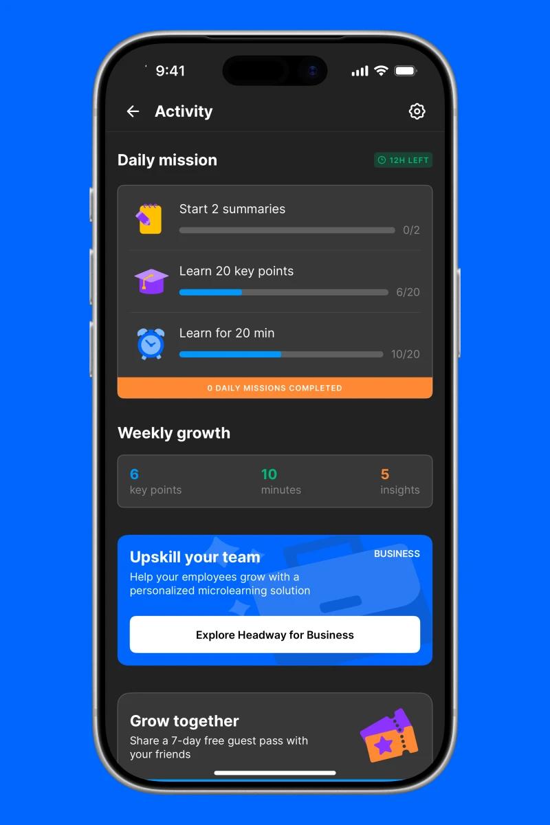 Headway app daily activity tab with streak and time spent