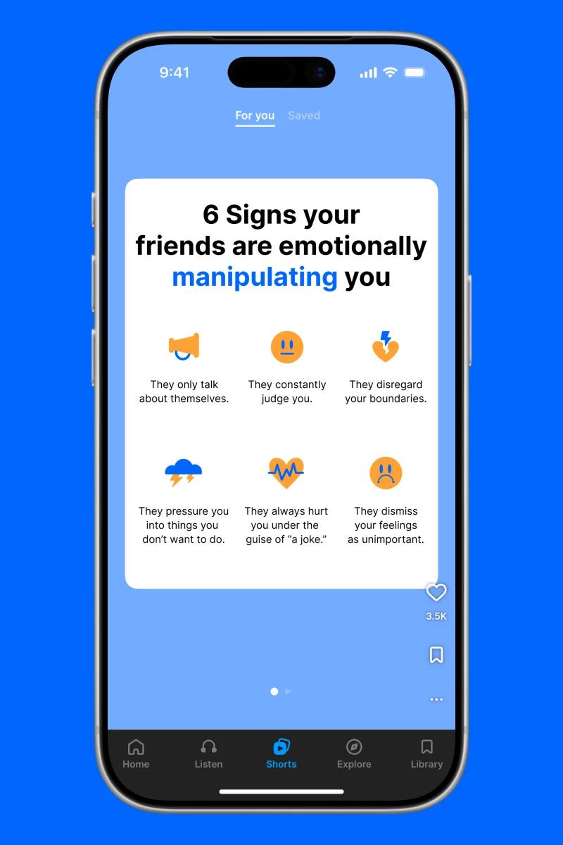 Headway app shorts tab with 6 signs your friends are emotionally manipulating you infographic