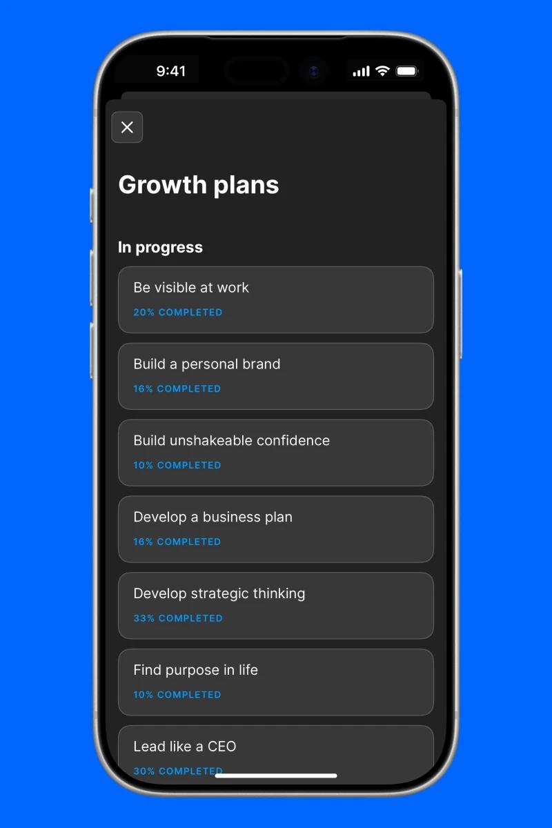 Headway app groeth plans screen including be visible at work, build a personal bran, build confidence and others