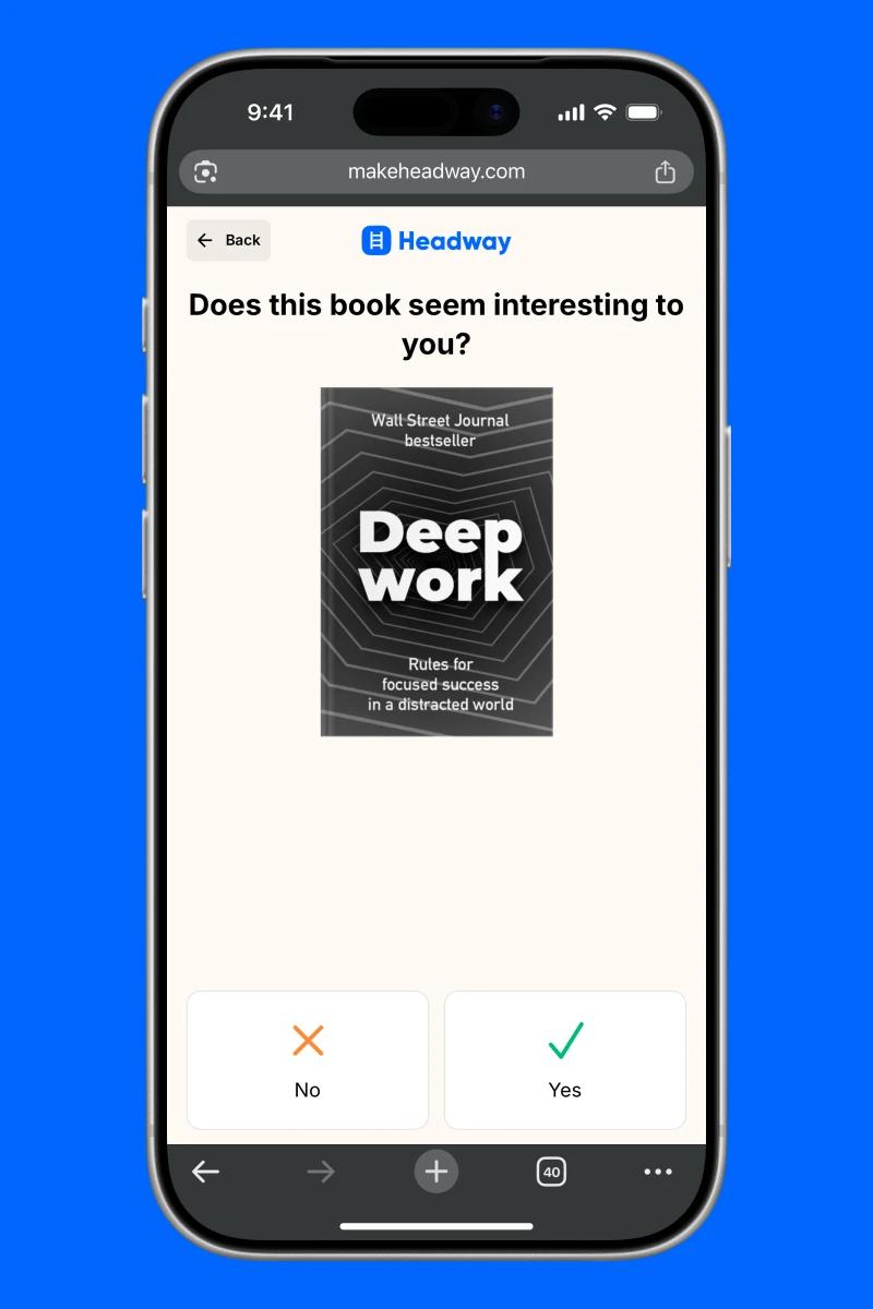 Headway app onboarding screen with deep work book summary