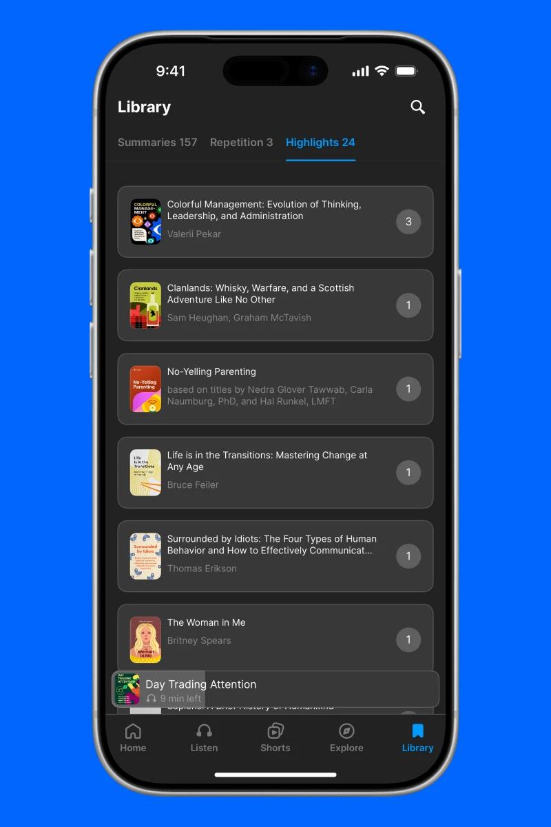 Headway app highlights tab for your book insights