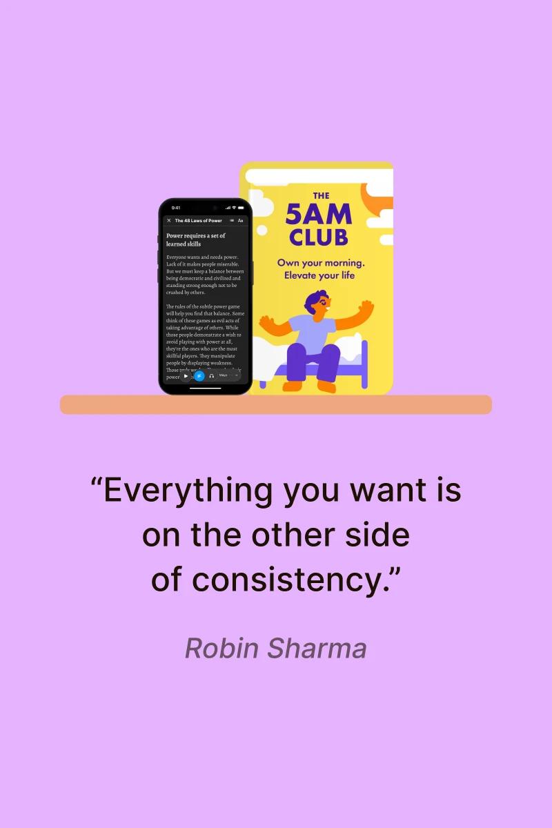 Cover of 5 a m club book and Robin Sharma quote - powerful quotes