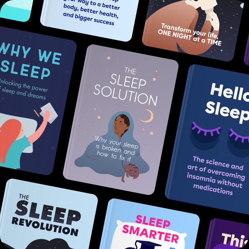 Collage of sleep and self-improvement book covers on the Headway app, including The Sleep Solution, The Sleep Revolution, and Sleep Smarter in purple and blue tones@3x