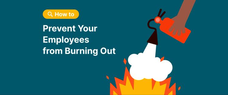 Hand is handling a fire extinguisher over the flames illustrating how to prevent employees from burning out on teal background
