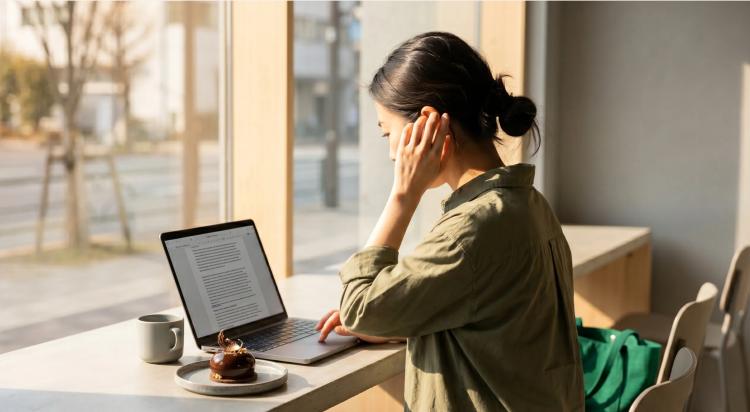 Young woman in a green shirt working on a laptop at a bright cafe window seat with a coffee and pastry nearby